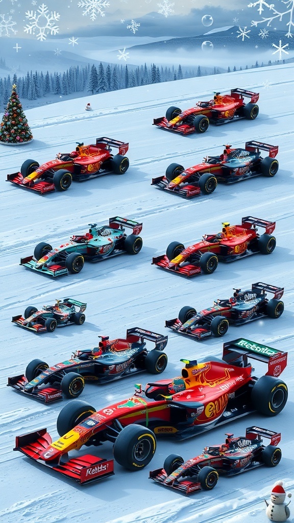 Formula 1 cars in a Christmas setting with festive decorations and snowy backgrounds.